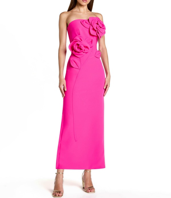 マックダガル レディース トップス 衣装 縮緬 MIDI ストラップレス Mac Duggal Crepe Strapless Midi Dress With 3D Flower Detail Hot Pink さくら色