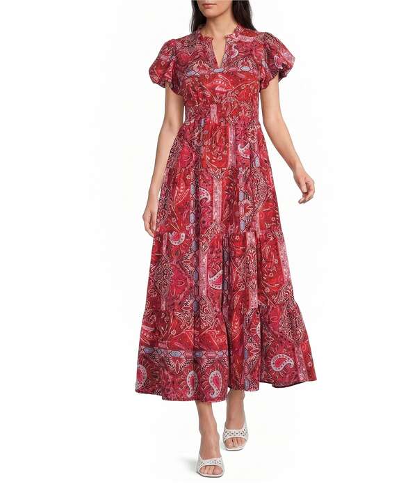 カレッサ レディース トップス 衣装 Vのど首 ティアード A 生産ライン 御花柄 御花 Calessa Retro Floral Split V-Neck Short Puff Sleeve A-Line Tieredress Red Multi 赤いこと