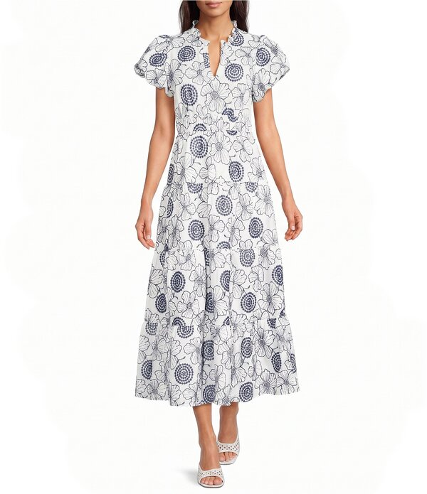 カレッサ レディース トップス 衣装 Vのど首 A 生産ライン Calessallover Embroidery V-Neck Short Sleeve A-Line Dress White/Navy 白いこと