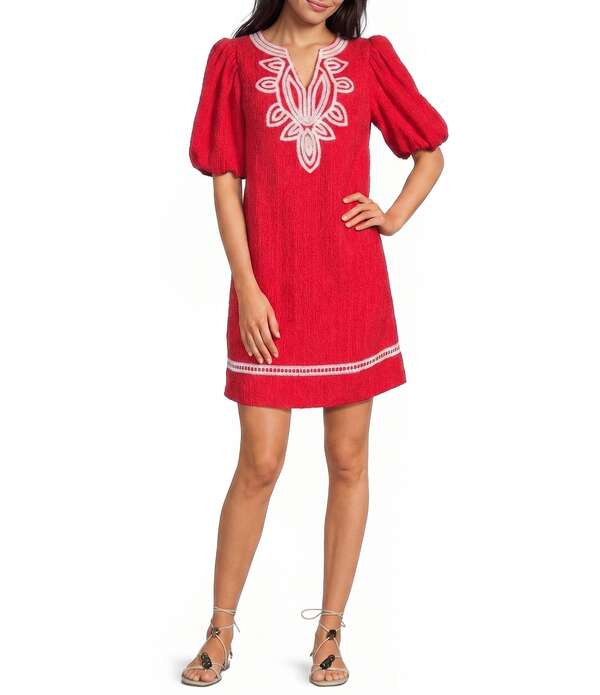 カレッサ レディース トップス 衣装 Vのど首 刺しゅう Calessa Embroidered Split V-Neck Short Puff Sleeve Shift Dress Red/White 白いこと