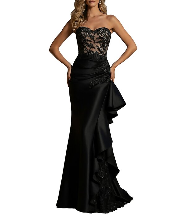 テラニクチュール レディース トップス 衣装 フラウンス ストラップレス スピード競技 Terani Couture Strapless Lace Bodice Long Dress With Side Ruffle Black Nude 黒いこと
