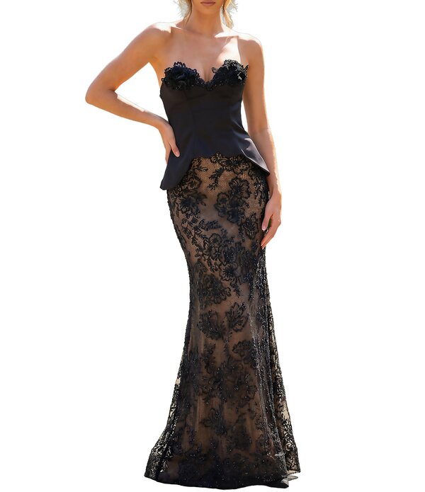 テラニクチュール レディース トップス ワンピーストラップレス スピード競技 Terani Couture Strapless Lace Corset Longown Black Nude 黒いこと