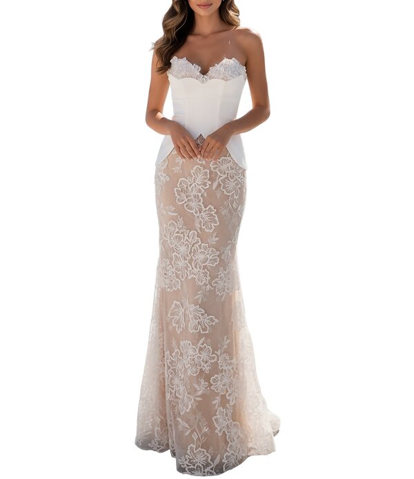 テラニクチュール レディース トップス ワンピーストラップレス スピード競技 Terani Couture Strapless Lace Corset Longown Ivory Nude 象牙色
