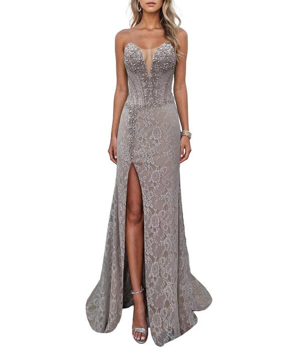 テラニクチュール レディース トップス ワンピース レース Terani Couture Sweetheart Neck Lace Column Gown Silver Nude シルバー|ReVida 店