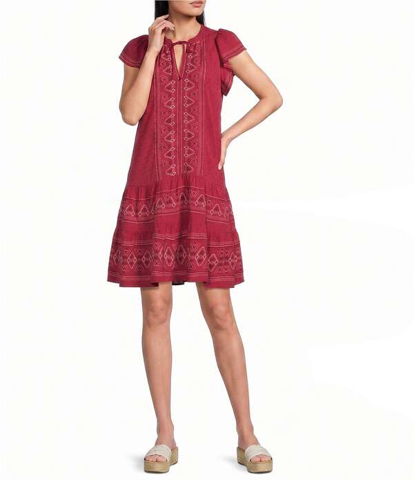 ナーチャー レディース トップス ワンピース Vネック プチ Nurture Petite Size Flutter Sleeve V-Neck Short Swing Dress Vintage Red レッド｜ReVida 店