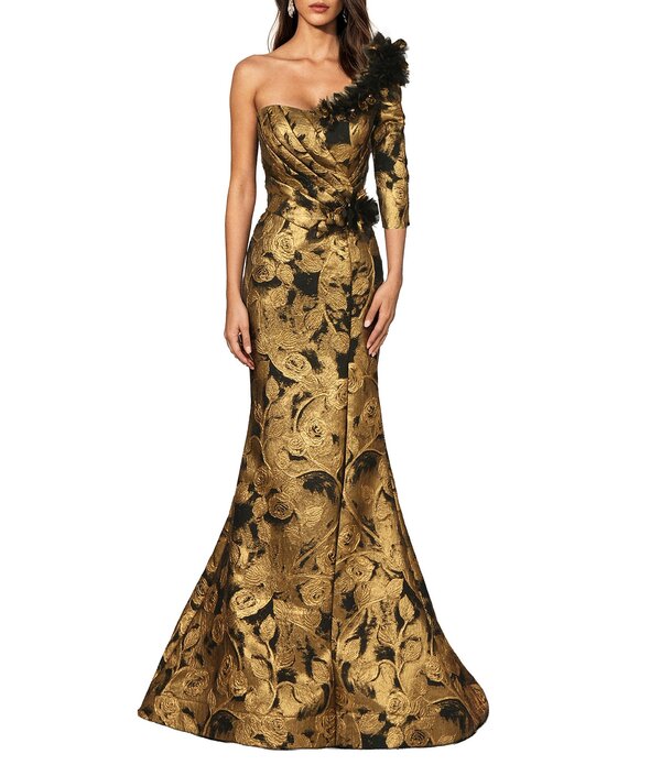 テラニクチュール レディース トップス 衣装 Terani Couture One Shoulder Sleeve Brocade Gown Black Gold 黒いこと