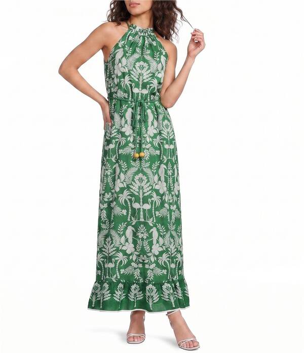 シュガーリップス レディース トップス 衣装 刷り上げる ノースリーブ マキシ ホルター Sugarlips Tropics Kay Printed Halter Neck Sleeveless Maxi Dress Green/White 白いこと