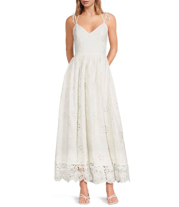 エン 時節 レディース トップス 衣装 A 生産ライン ノースリーブ 刺しゅう スピード競技 マキシ En Saison Analise Sweetheart Neck Sleeveless Lace Border Embroidered A-Line Maxi Dress White 白いこと