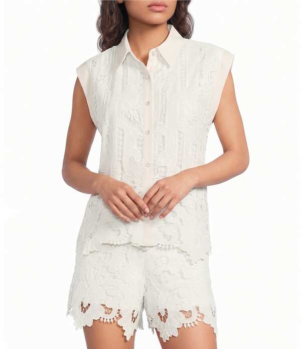 スカイズアブルー レディース トップス プルオーバー 御花柄 ノースリーブ スピード競技 御花 Skies Are Blue Floralace Collared Neck Sleeveless Coordinating Button Frontop Ivory 象牙色