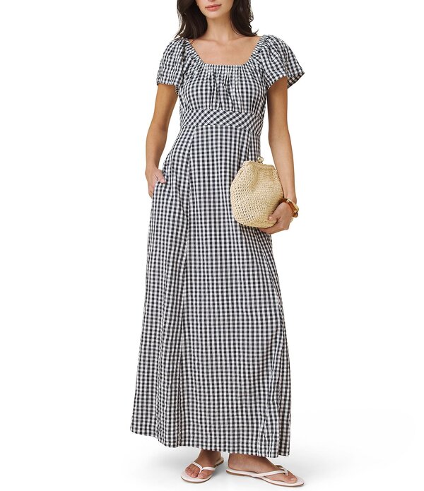 スプレンディット レディース トップス ワンピース ギンガムチェック ギンガム Splendid Gigingham Square Neck Puff Sleeve Dress Navy/White ホワイト|ReVida 店