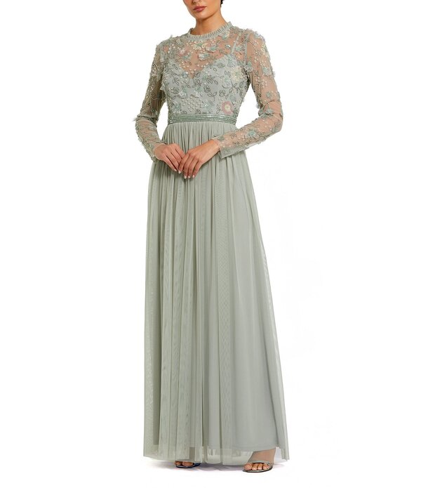 マックダガル レディース トップス 衣装 労働者の一団のど首 Mac Duggal Illusion Crew Neck Long Sleeve Gown Sage サルヴィア