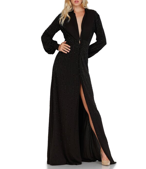 テラニクチュール レディース トップス 衣装 Vのど首 向こう正面細長い切口 Terani Couture Deep V-Neck Beaded Long Sleeve Front Slit Gown Black 黒いこと