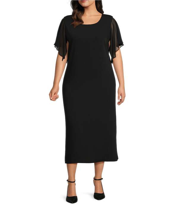 キャロライン ローズ レディース トップス ワンピース クレープ ジョーゼット プラスサイズ ミディ Caroline Rose Plusize Georgette Short Flutter Sleeve Matte Crepe Scoop Neck Midi Shift Dress Black ブラック｜ReVida 店