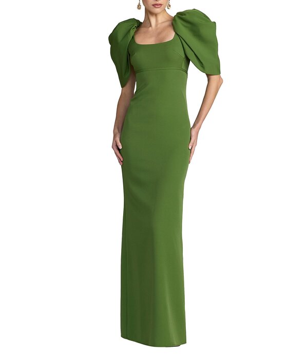 マックダガル レディース トップス 衣装 縮緬 Mac Duggal Scoop Neck Dramatic Puff Sleeve Crepe Gown Moss Green 緑であること