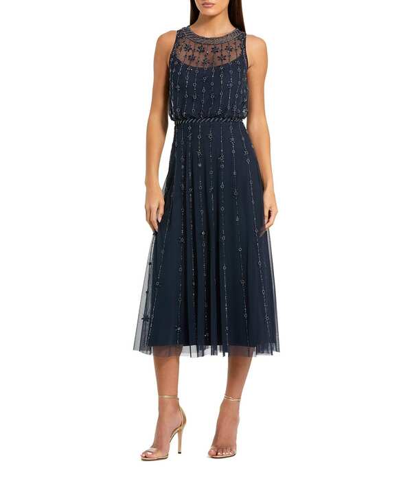 マックダガル レディース トップス 衣装 チュール A 生産ライン ハイネック MIDI ノースリーブ Mac Duggal Embellished Tulle High Neck Sleeveless A-Line Midi Dress Midnight