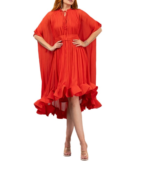 テラニクチュール レディース トップス 衣装 フラウンス裾 シフォン フラウンス 旗がしら ケープ Terani Couture Tie Neck Short Capelet Sleeve Ruffle Hem Chiffon Caftan Dress Red 赤いこと