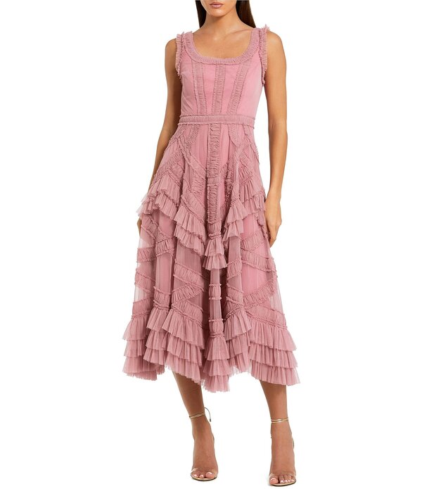 マックダガル レディース トップス 衣装 A 生産ライン フラウンス メッシュ MIDI ノースリーブ Mac Duggal Scoop Neck Sleeveless Micro Ruffle Mesh Aline Midi Dress Antique Rose