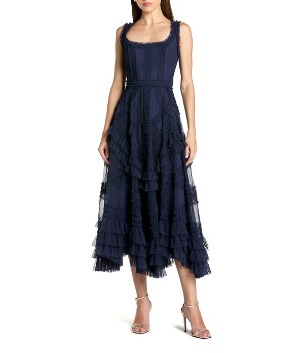 マックダガル レディース トップス 衣装 A 生産ライン フラウンス メッシュ MIDI ノースリーブ Mac Duggal Scoop Neck Sleeveless Micro Ruffle Mesh Aline Midi Dress Midnight