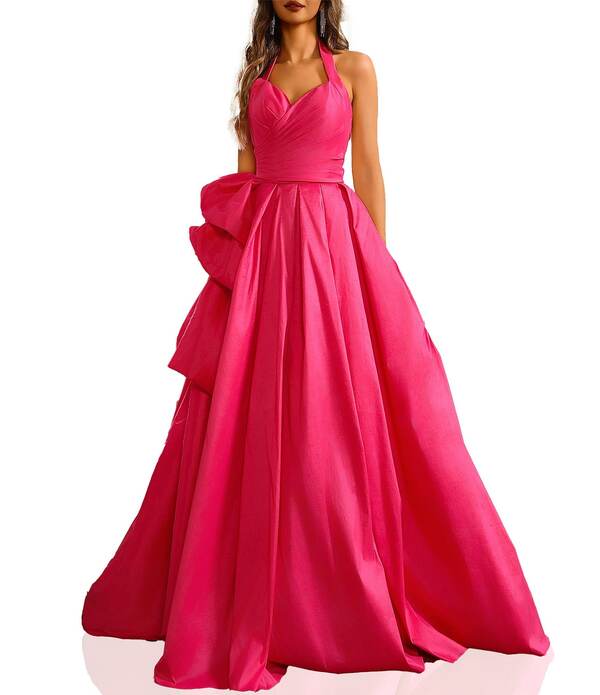 テラニクチュール レディース トップス ワンピース A ライン フリル ノースリーブ ホルター Terani Couture Taffeta Sweetheart Halter Neck Sleevelesside Ruffle A-Line Ball Gown Coral Pink ピンク｜ReVida 店