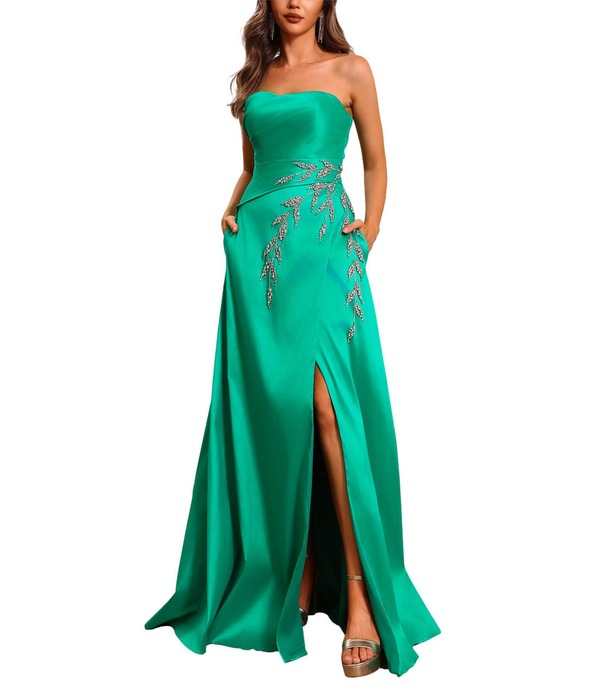 テラニクチュール レディース トップス ワンピース A ライン ギャザー サテン ストラップレス Terani Couture Strapless Ruched Satin Beaded Leaf A-Line Gown Emerald エメラルド｜ReVida 店