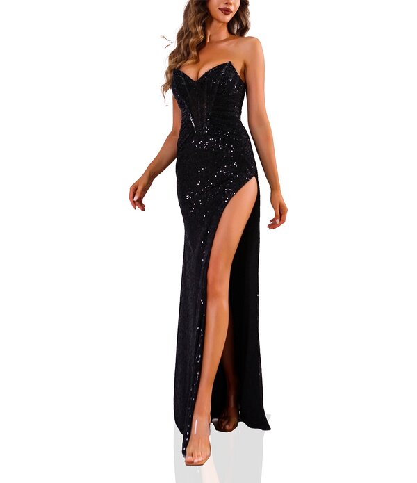 テラニクチュール レディース トップス 衣装 片方細長い切口 スパンコール Terani Couture Pointed Sweetheart Neck Corset Bodice Side Slit Sequined Tulle Column Gown Black 黒いこと