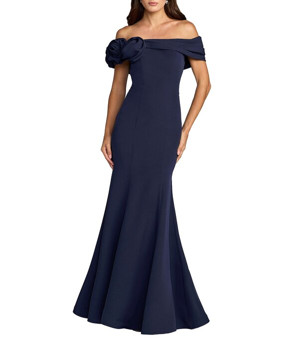 マックダガル レディース トップス 衣装 縮緬 御花柄 御花 Mac Duggal Crepe Off-The-Shoulder 3D FLoral Mermaid Gownavy 米国海軍