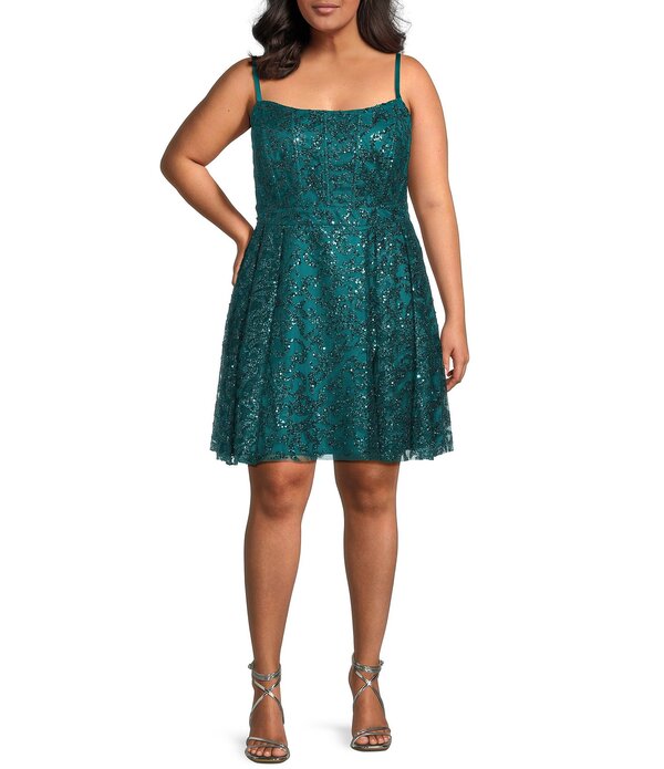 ブロンディナイツ レディース トップス ワンピース プラスサイズ レース Blondie Nites Plusize Glitter Patterned Scoop Neck Lace Up Tie Back Dress Teal ティール｜ReVida 店