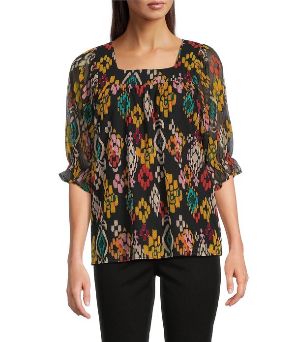 カレッサ レディース トップス プルオーバー プチ 刷り上げる メッシュ 編み物 Calessa Petite Size Mesh Knit Abstract Ikat Print Square Neck Elbow Sleeve Tunic Black Multi 黒いこと