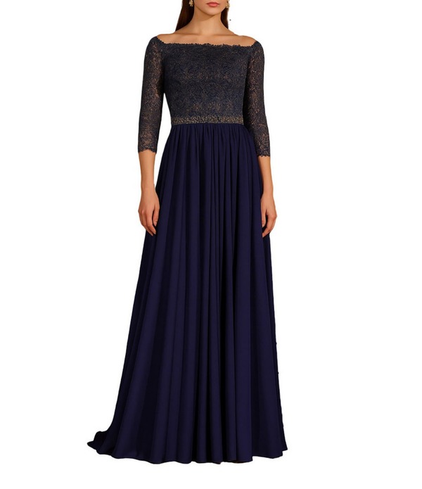テラニクチュール レディース トップス 衣装 シフォン スピード競技 Terani Couture Chiffon Lace Beaded 3/4 Sleeve Off-The-Shoulder Gownavy 米国海軍