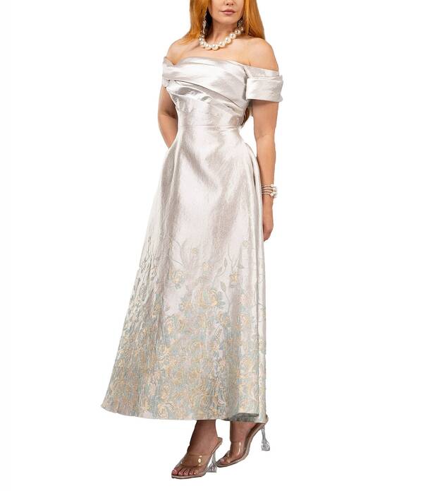 テラニクチュール レディース トップス 衣装 Terani Couture Off The Shoulder Side Pockets Brocade Tea Length Dressilver/Light Green 緑であること
