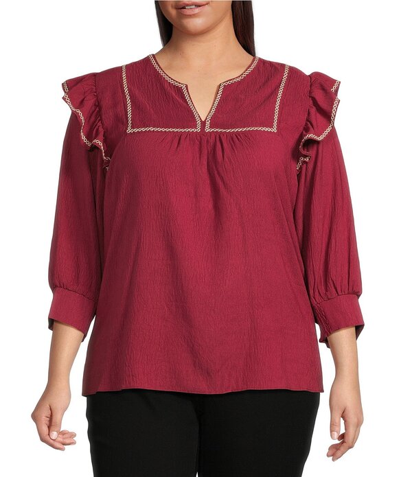 カレッサ レディース トップス プルオーバー V素っ首 つけ加える大きさ フラウンス 対照 Calessa Plusize Ruffle Shoulder Contrastitching Split V- Neck 3/4 Sleeve Tunicrimson クリムゾン