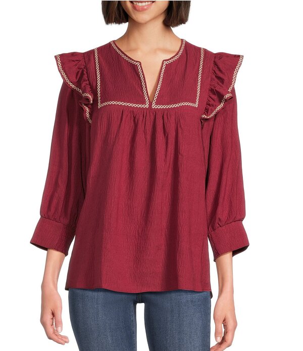 カレッサ レディース トップス プルオーバー V素っ首 プチ フラウンス 対照 Calessa Petite Size Ruffle Shoulder Contrastitching Split V- Neck 3/4 Sleeve Tunicrimson クリムゾン