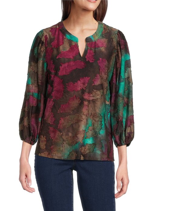 カレッサ レディース トップス プルオーバー 軽気球捩り プチ 編み物 Calessa Petite Size Burnout Knitie-Dye Band Collar 3/4 Balloon Sleeve Shirttail Hem Tunic Emerald Multi エメラルド