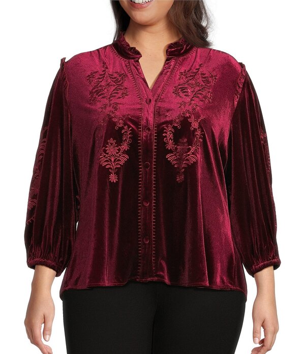 カレッサ レディース トップス カットソー Vネック プラスサイズ フリル ベルベット 刺繍 Calessa Plusizembroidered Velvet Ruffled Split V-Neck Long Sleeve Button-Frontunicrimson クリムゾン｜ReVida 店