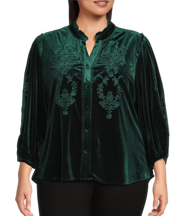 カレッサ レディース トップス カットソー Vネック プラスサイズ フリル ベルベット 刺繍 Calessa Plusizembroidered Velvet Ruffled Split V-Neck Long Sleeve Button-Frontunic Emerald エメラルド｜ReVida 店