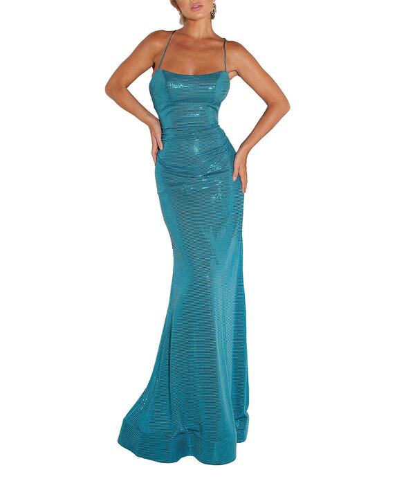 テラニクチュール レディース トップス ワンピースパンコール ノースリーブ Terani Couture Sequin Strappy Back Sleeveless Long Sheath Dress Teal ティール