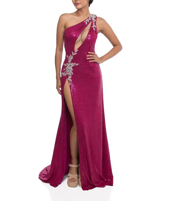 テラニクチュール レディース トップス ワンピースパンコール Terani Couture Sequin One Shoulder Open Front Embellished Sheath Long Dress Fuchsia フューシャ