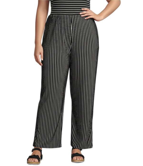 カレッサ レディース ボトムス 心地好いズボン下 つけ加える大きさ アンクル 編み物 Calessa Plusize Textured Knit Stripe Wide-Leg Pull-On Ankle Pants Black/White 白いこと