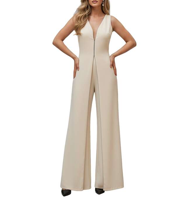 テラニクチュール レディース トップス ワンピース Vネックレープ ノースリーブ ジャンプスーツ Terani Couture Crepe Low V Neck Sleeveless Jumpsuit Ivory アイボリー｜ReVida 店