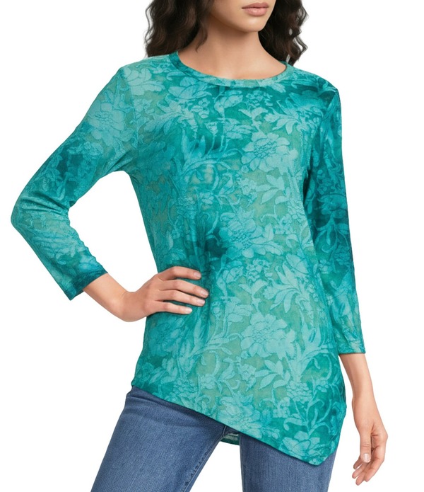カレッサ レディース トップス シャツ クルーネック アシンメトリー プチ Calessa Petite Size Burnoutie-Dye Crew Neck 3/4 Sleeve Asymmetric Hem Tunic Turquoise ターコイズ｜ReVida 店