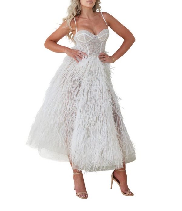 テラニクチュール レディース トップス 衣装 A 生産ライン MIDI ノースリーブ Terani Couture Tulle Feather Bustier Illusioneckline Sleeveless A-Line Midi Gown Ivory 象牙色