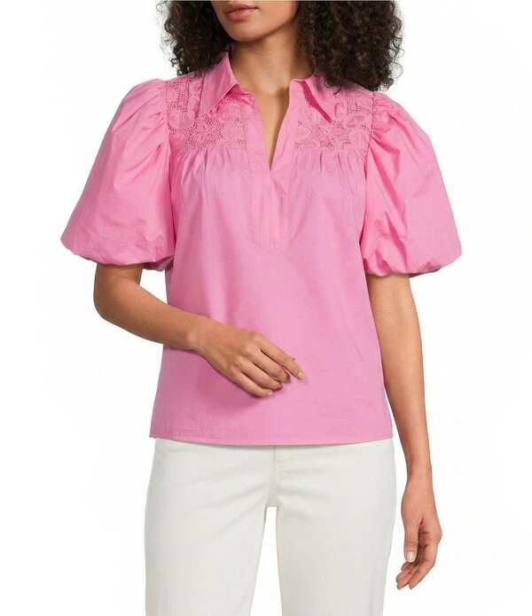 カレッサ レディース トップス カットソー 軽気球捩り プチ スピード競技 Calessa Petite Size Collared Elbow Balloon Sleeve Lace Yoke Tunic Hot Pink サクラ色