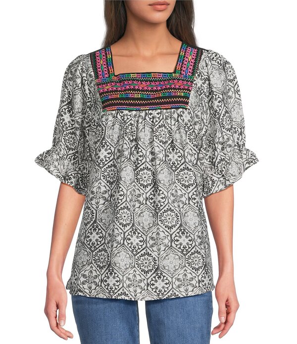 カレッサ レディース トップス カットソー プチ 刺しゅう Calessa Petite Size Abstract Embroidered Square Neck Elbow Sleeve Tunic Black Multi 黒いこと