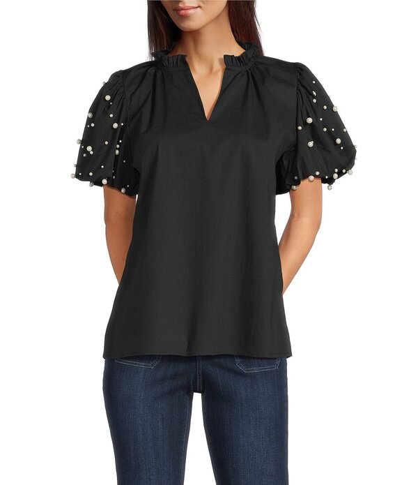 カレッサ レディース トップス カットソー Vのど首 プチ Calessa Petite Size Split V-Neck Beaded Short Sleeve Tunic Black 黒いこと