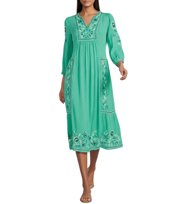 ナーチャー レディース トップス ワンピース ミディ 刺繍 Nurture Gauzembroidered 3/4 Sleeve Midi Dress Jade|ReVida 店