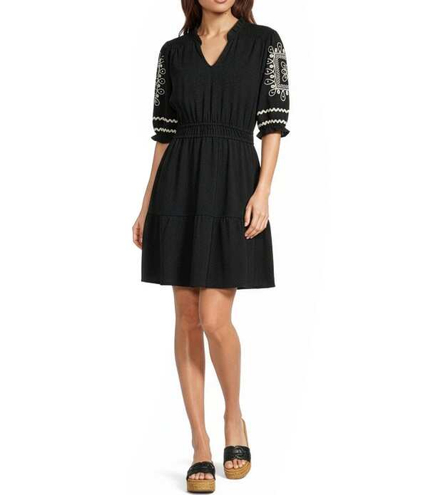 カレッサ レディース トップス 衣装 Vのど首 A 生産ライン 刺しゅう Calessa Embroidered Elbow Length Sleeve Split V-Neck A-Line Dress Black 黒いこと