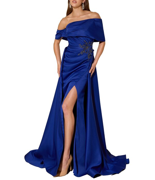 テラニクチュール レディース トップス 衣装 Terani Couture Off The Shoulder Shimmer Organza Longown Royal