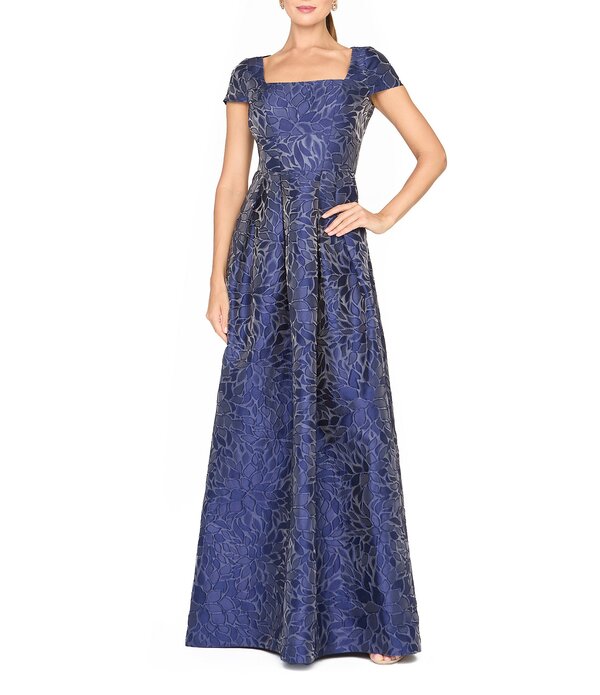 ケイ アンジャー レディース トップス 衣装 A 生産ライン Kay Unger Ophelia Text Jacquard A Line Square Neck Gownavy 米国海軍