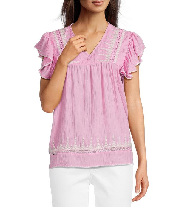 カレッサ レディース トップス カットソー プチ パッチワーク 刺しゅう Calessa Petite Sizembroidered Patchwork Square Neck Short Sleeve Tunic Pink Multi サクラ色