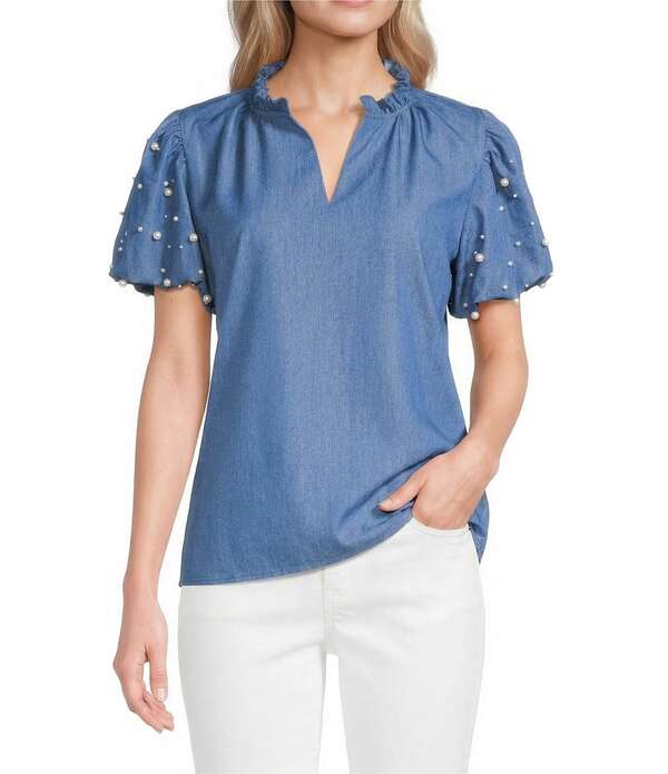 カレッサ レディース トップス カットソー Vのど首 軽気球捩り プチ 編み物 Calessa Petite Size Knit Split V-Neck Beaded Short Puff Balloon Sleeve Tunic Indigo インディゴ